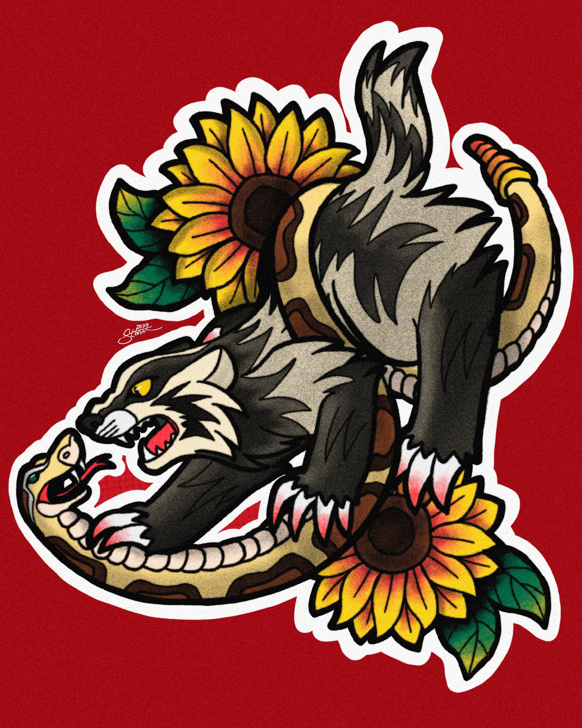 American Badger and Prairie Rattlesnake with Sunflowers (For Home on the Range Art Show)